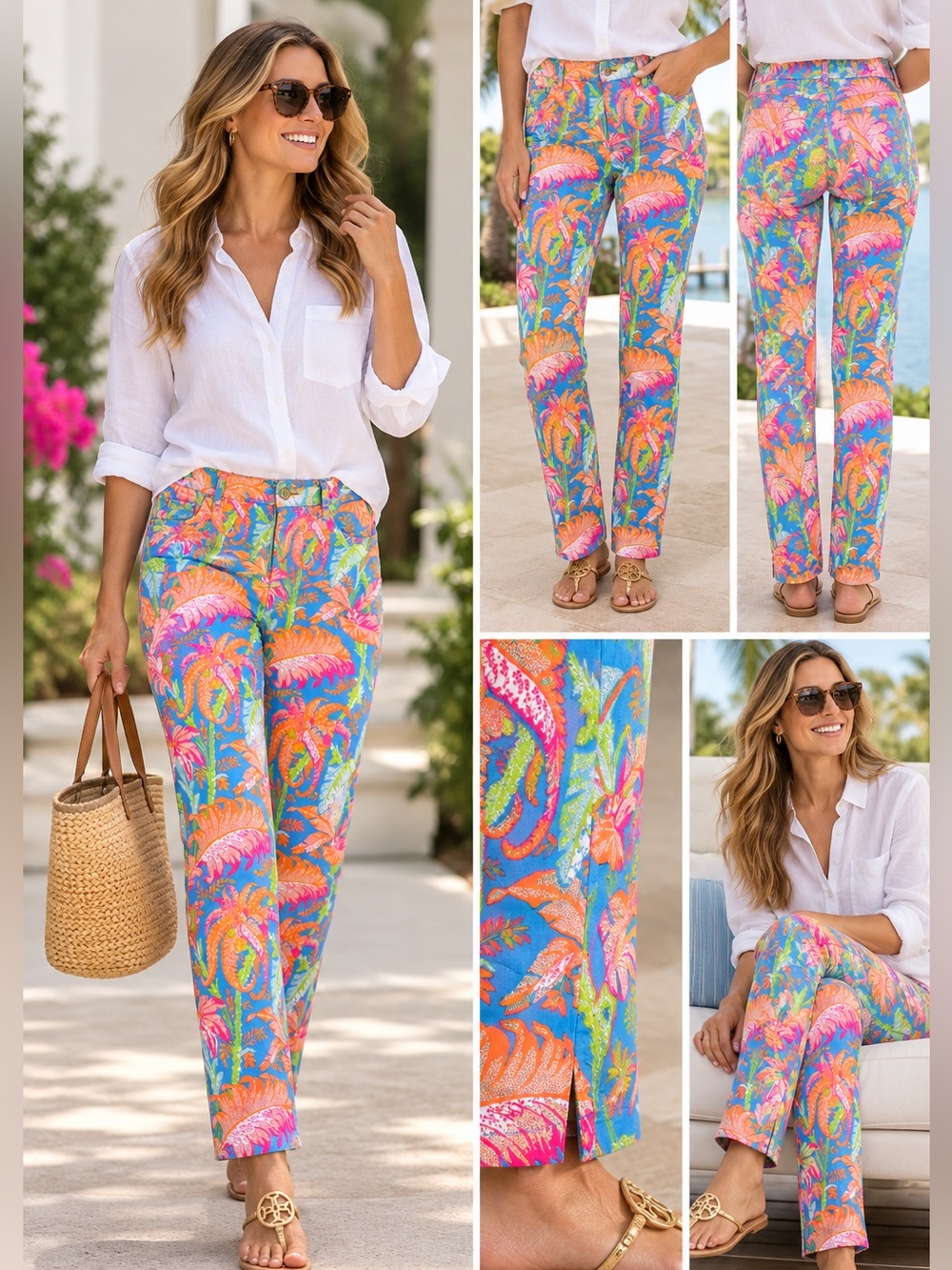 Gretchen Scott Blue Tropical Floral Pants Women’s M Stretch Straight Leg Resort